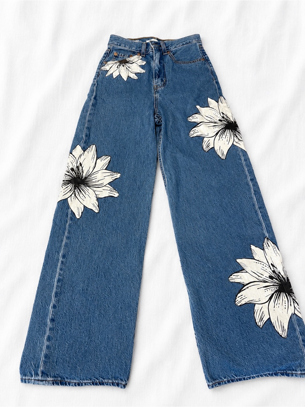 Wide Leg Blue Denim Jeans with White Floral Print